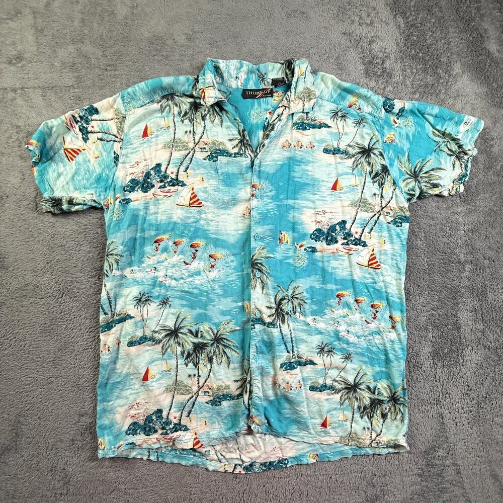 Thums-Up XXL Mens Hawaiian Button Up Shirt 90s Vintage Surf Print Blue Rayon
